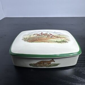 Spode Green Rim Herring Hunt Rectangular Porcelain Dresser Box First‎ Over